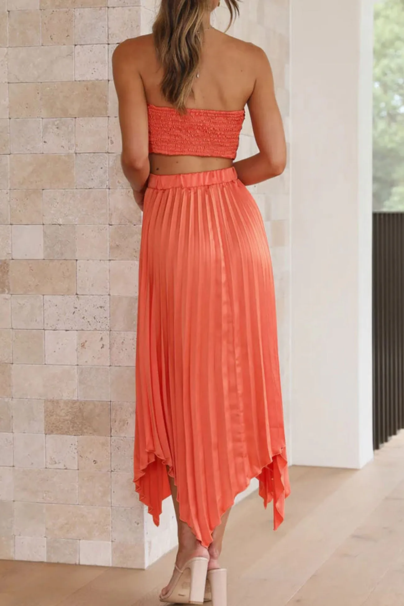 Tie-front Strapless Crop Top Pleated Skirt Suits