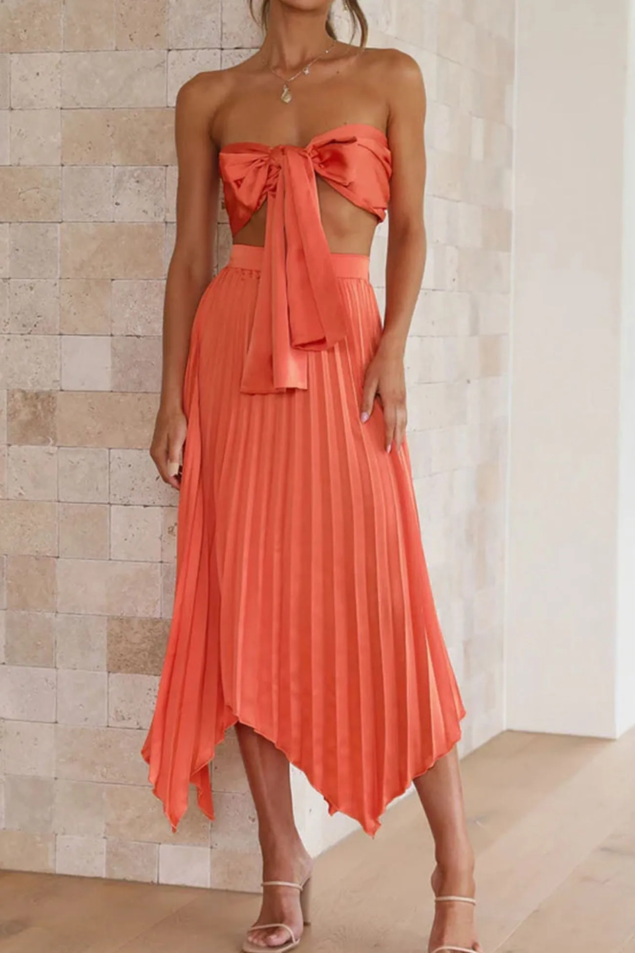 Tie-front Strapless Crop Top Pleated Skirt Suits