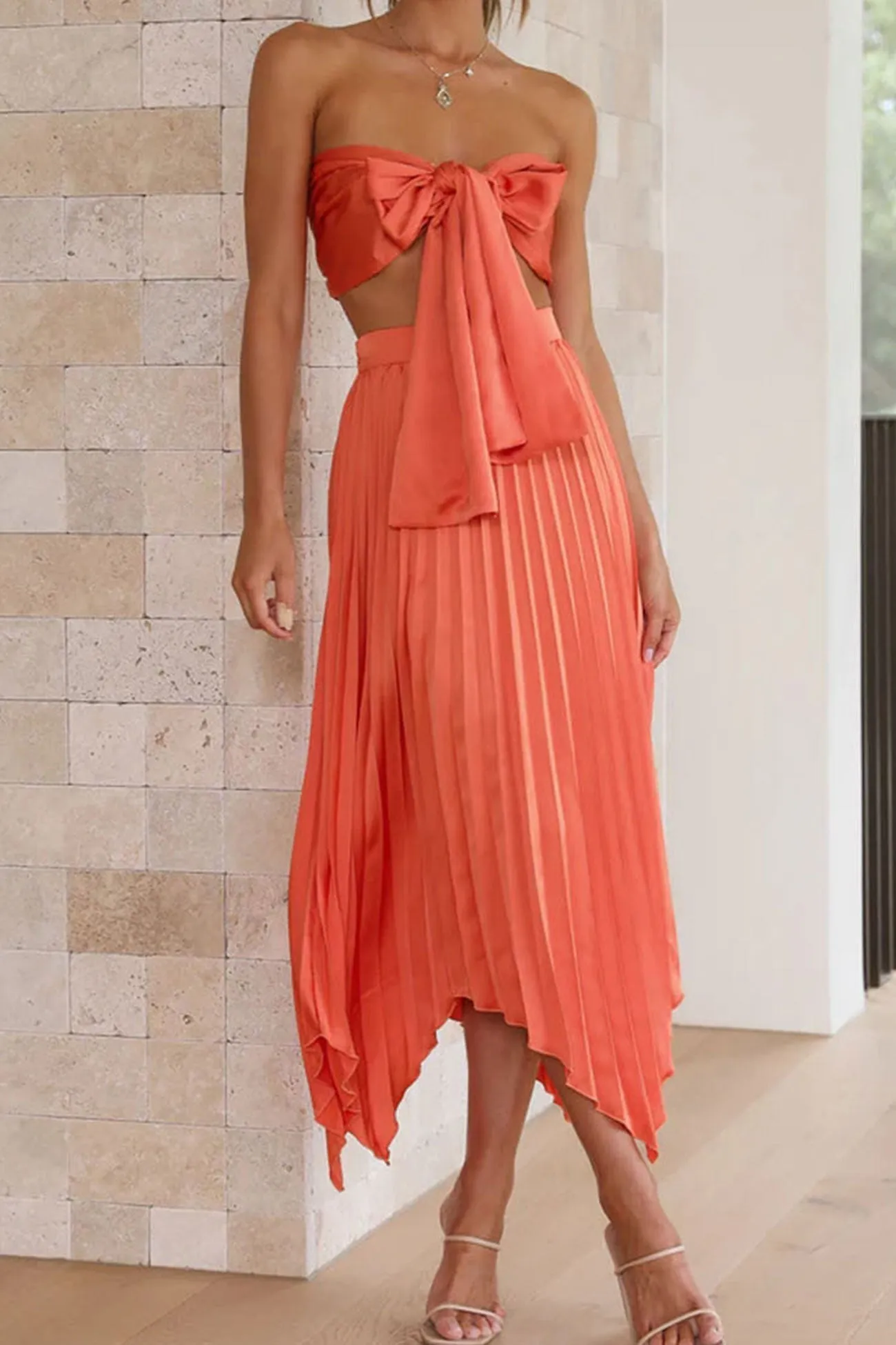 Tie-front Strapless Crop Top Pleated Skirt Suits