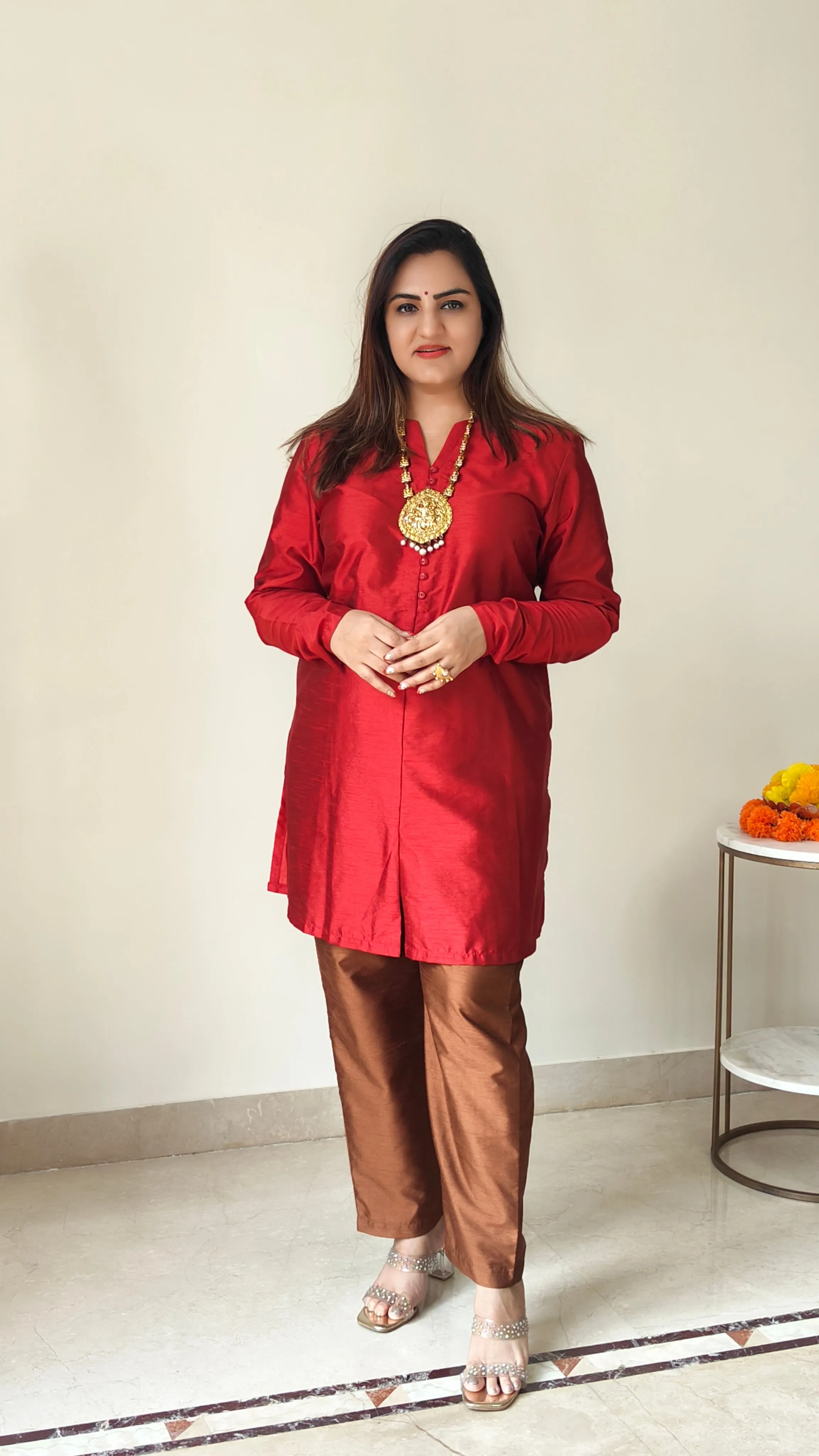 trueBrowns Red Silk Kurta Co-ord Set