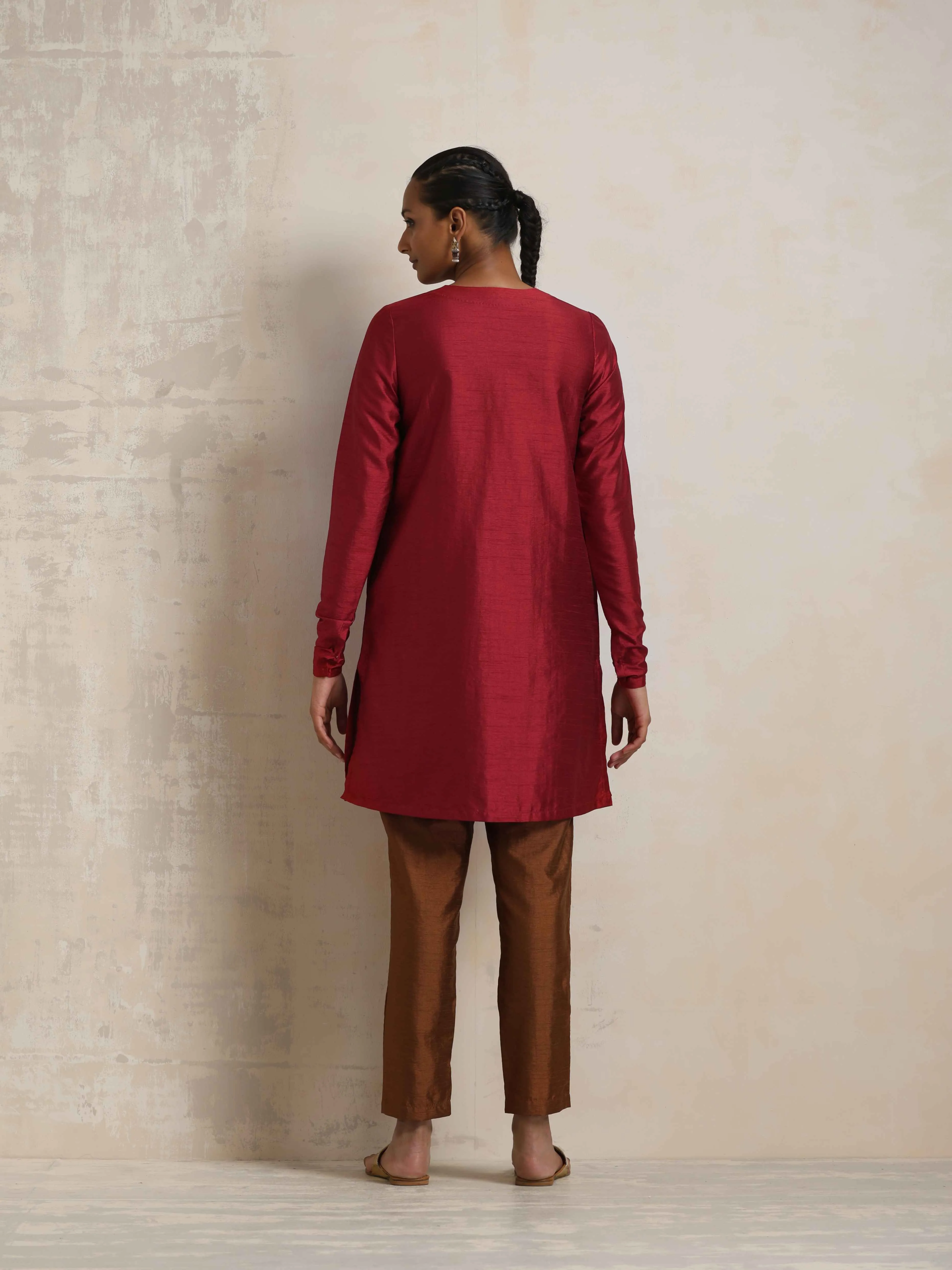 trueBrowns Red Silk Kurta Co-ord Set