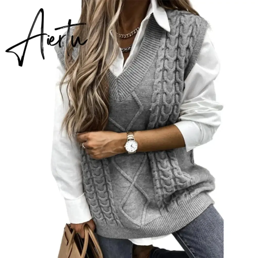 Twist Pullover Sweater Vests Women Oversized V-Neck Cable Knitted Korean Female Sleeveless Warm Tops Waistcoat Winter