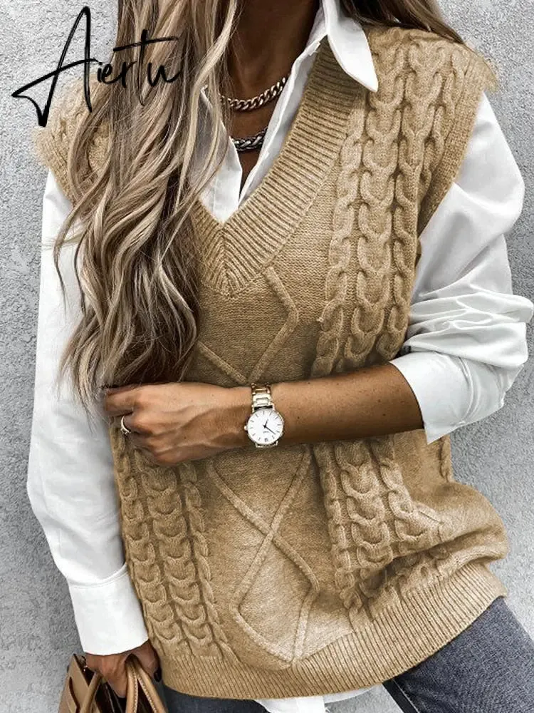 Twist Pullover Sweater Vests Women Oversized V-Neck Cable Knitted Korean Female Sleeveless Warm Tops Waistcoat Winter