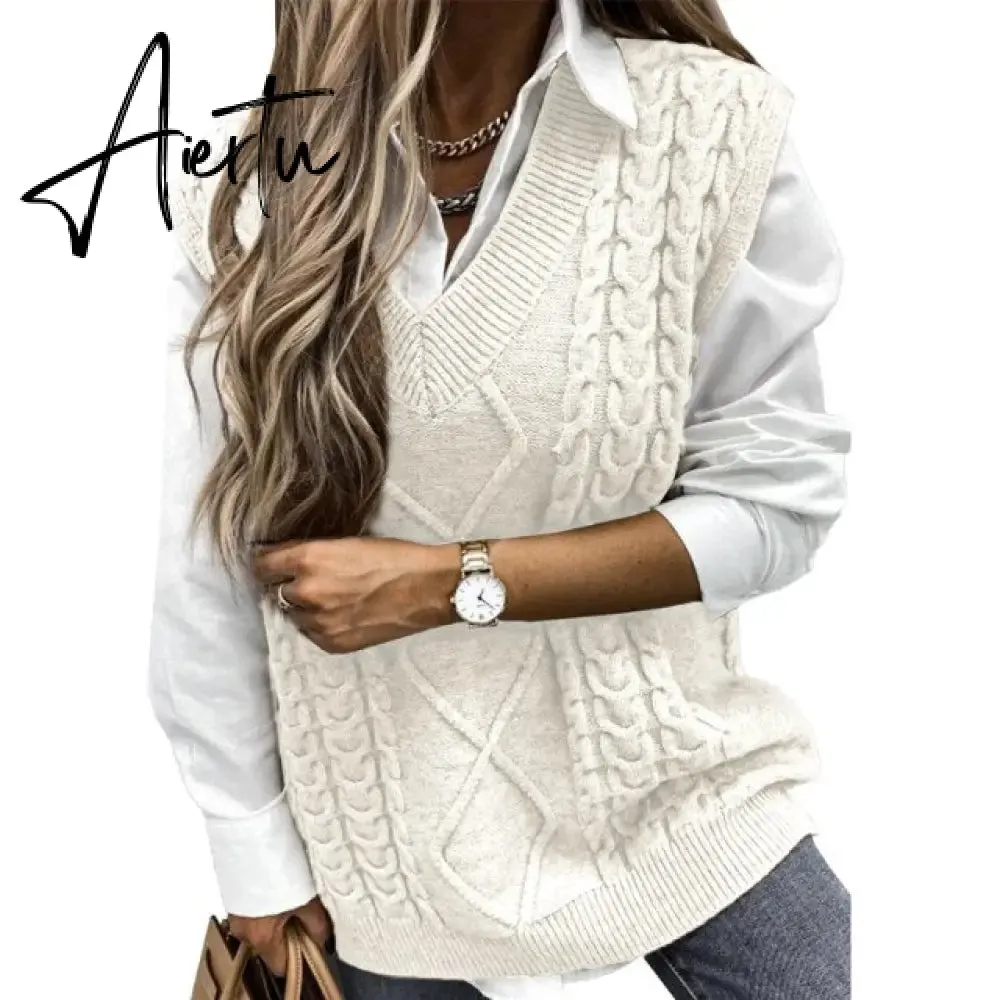 Twist Pullover Sweater Vests Women Oversized V-Neck Cable Knitted Korean Female Sleeveless Warm Tops Waistcoat Winter