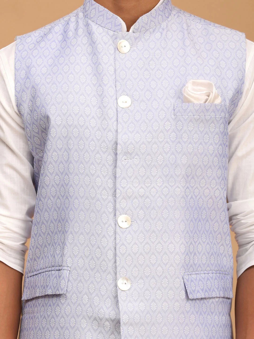 VASTRAMAY Lavender Woven Jacket With White Kurta and Pyjama Baap Beta Set