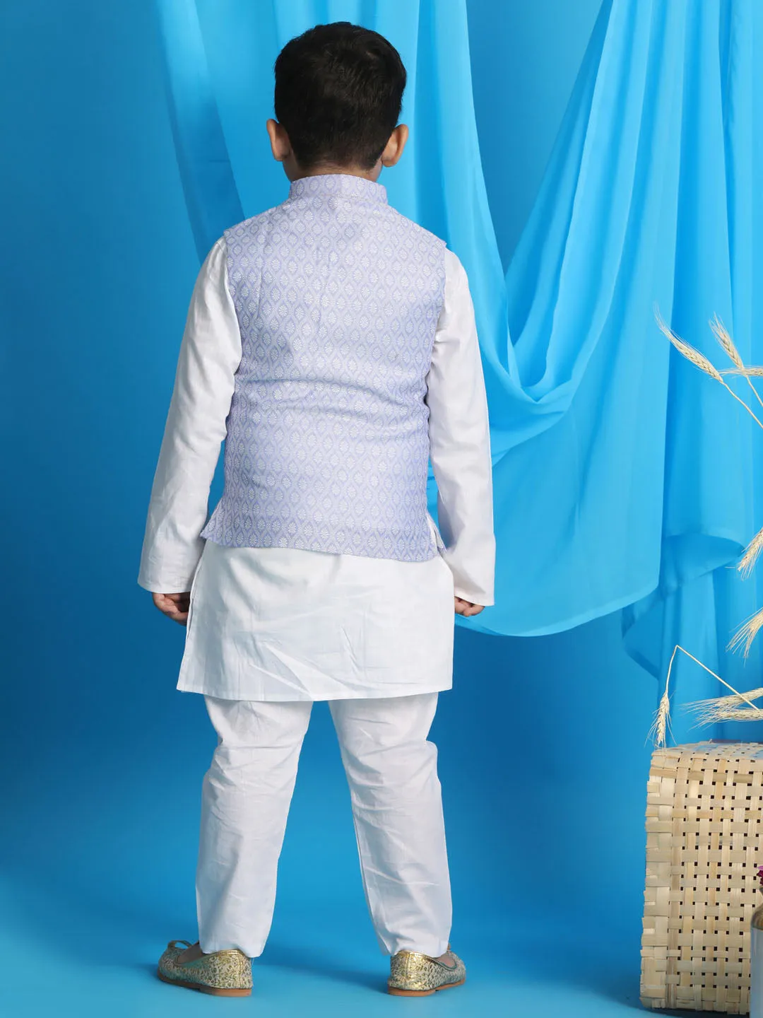 VASTRAMAY Lavender Woven Jacket With White Kurta and Pyjama Baap Beta Set