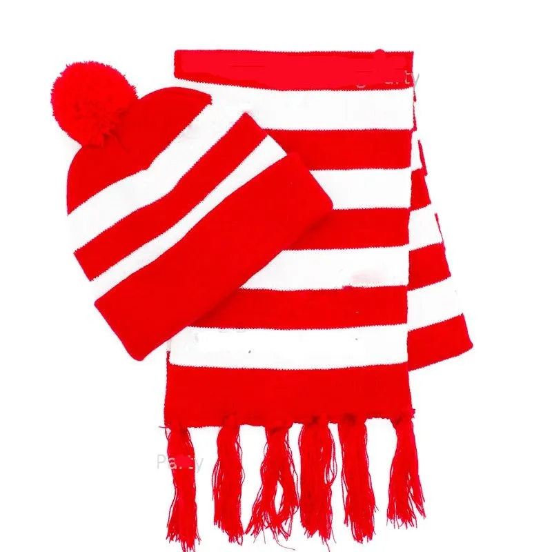 Where is Wally Red & White Strip Beanie and Scarf set