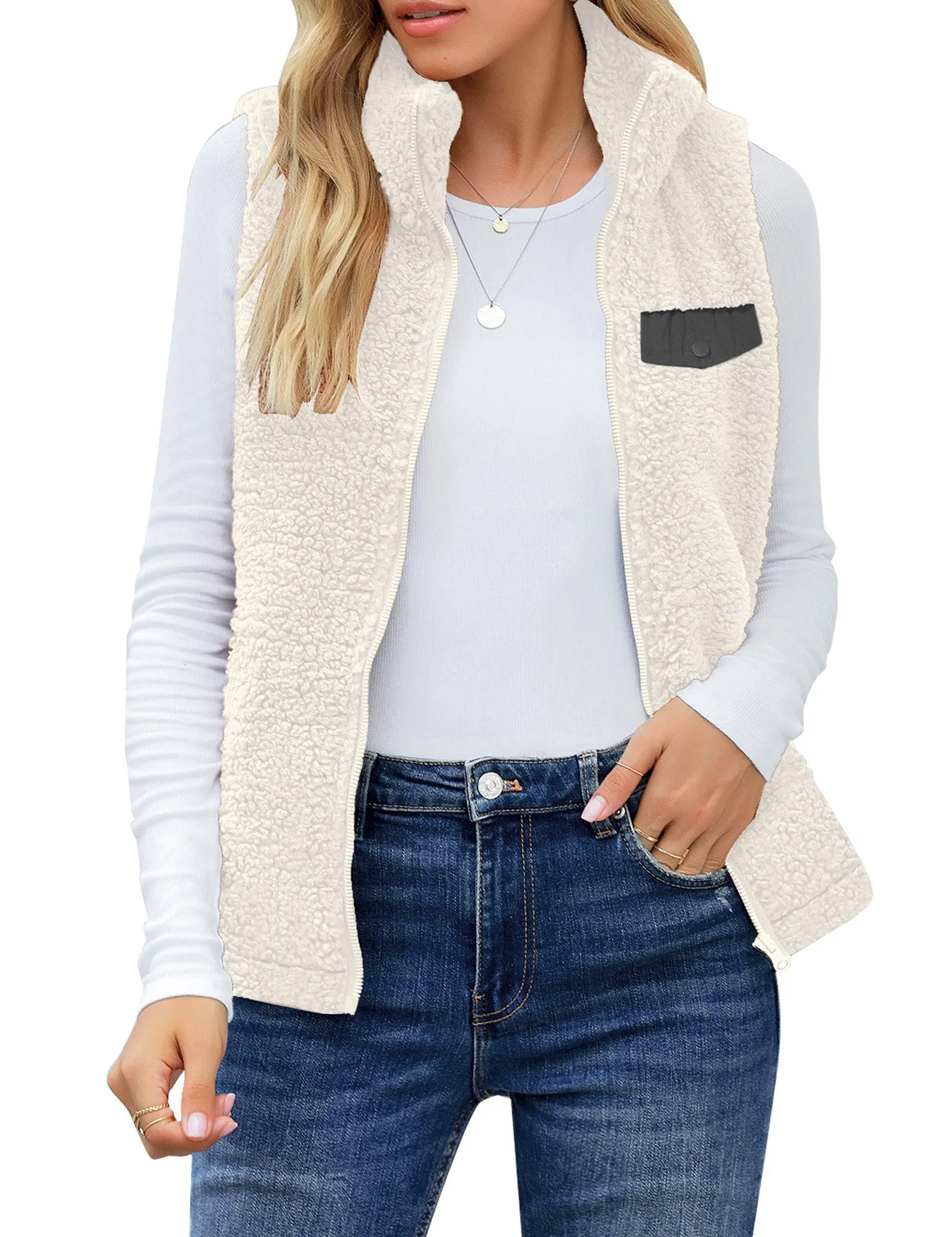 White Stand Collar Zip-Up Fleece Vest