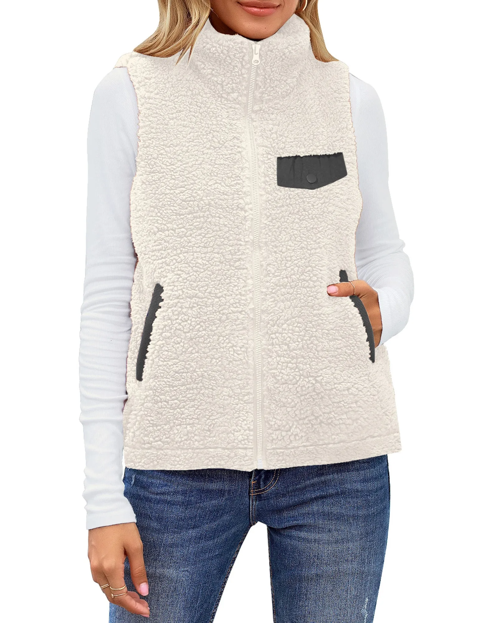 White Stand Collar Zip-Up Fleece Vest