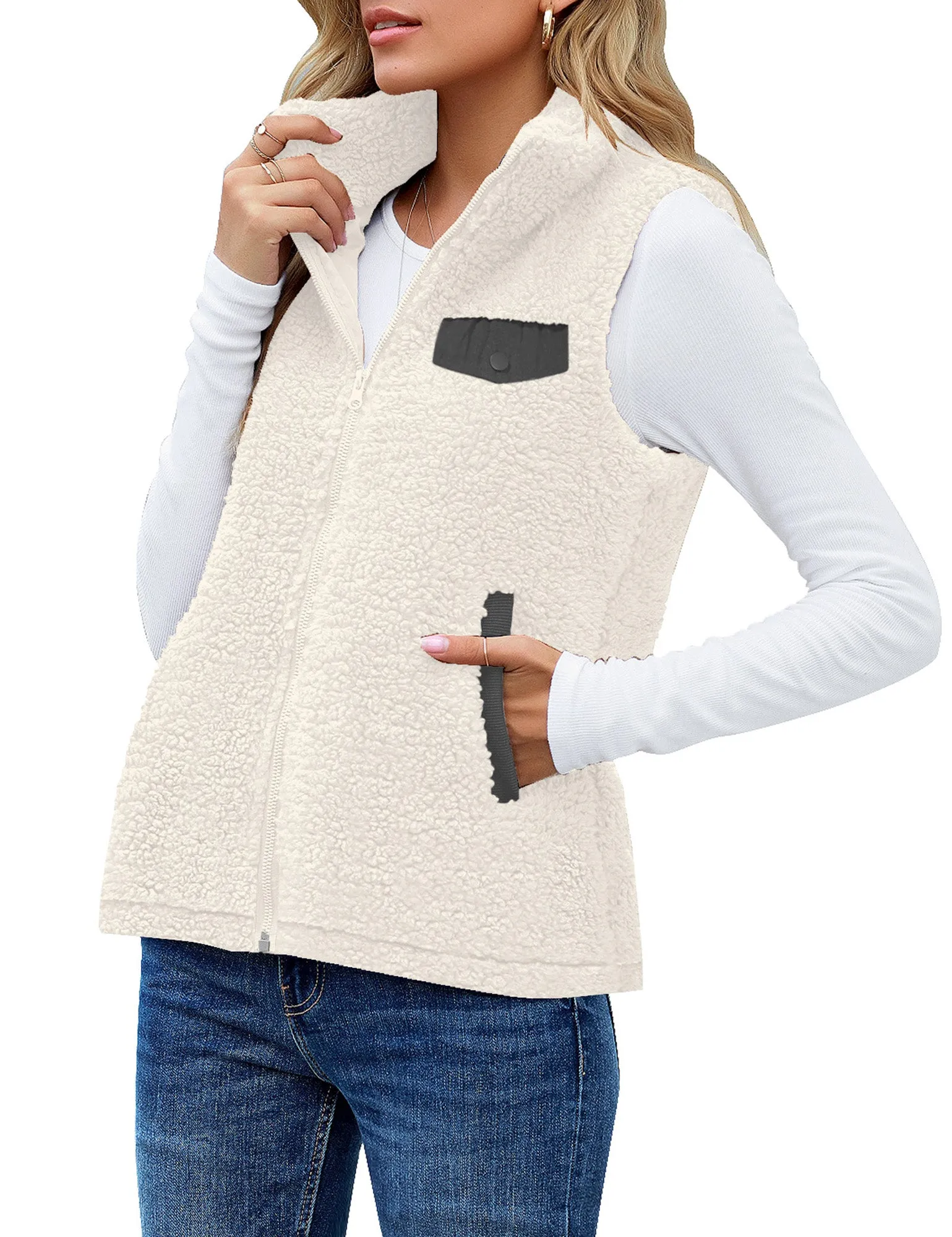 White Stand Collar Zip-Up Fleece Vest