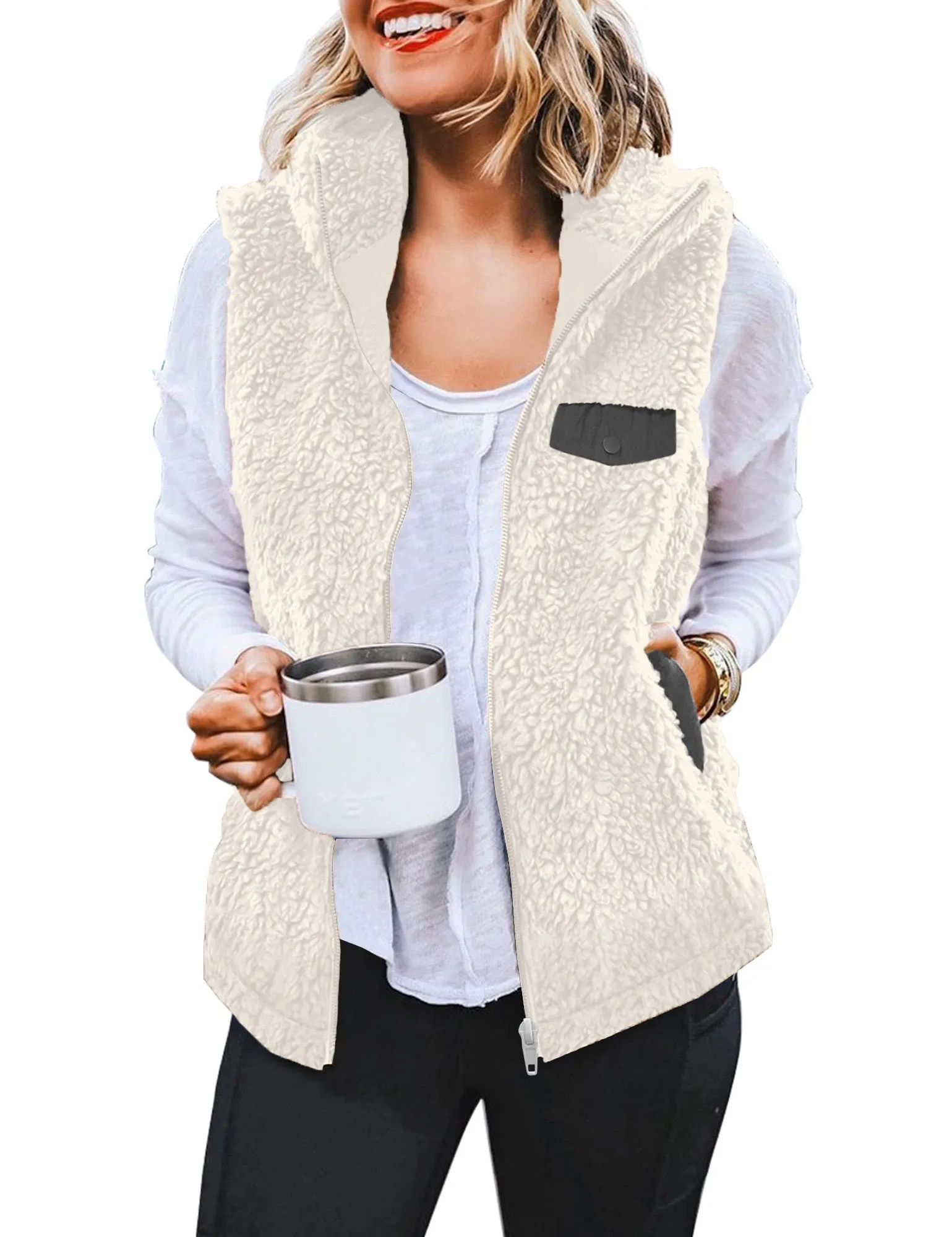 White Stand Collar Zip-Up Fleece Vest