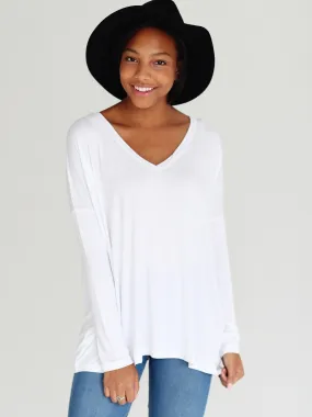 White V-Neck Long Sleeve Top