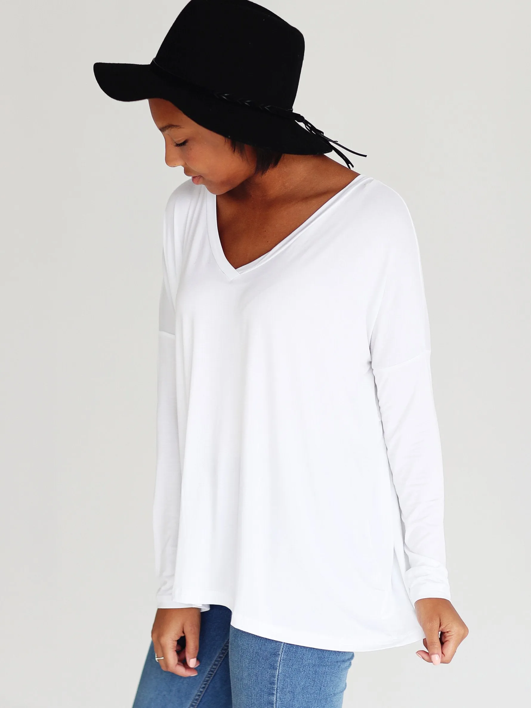 White V-Neck Long Sleeve Top