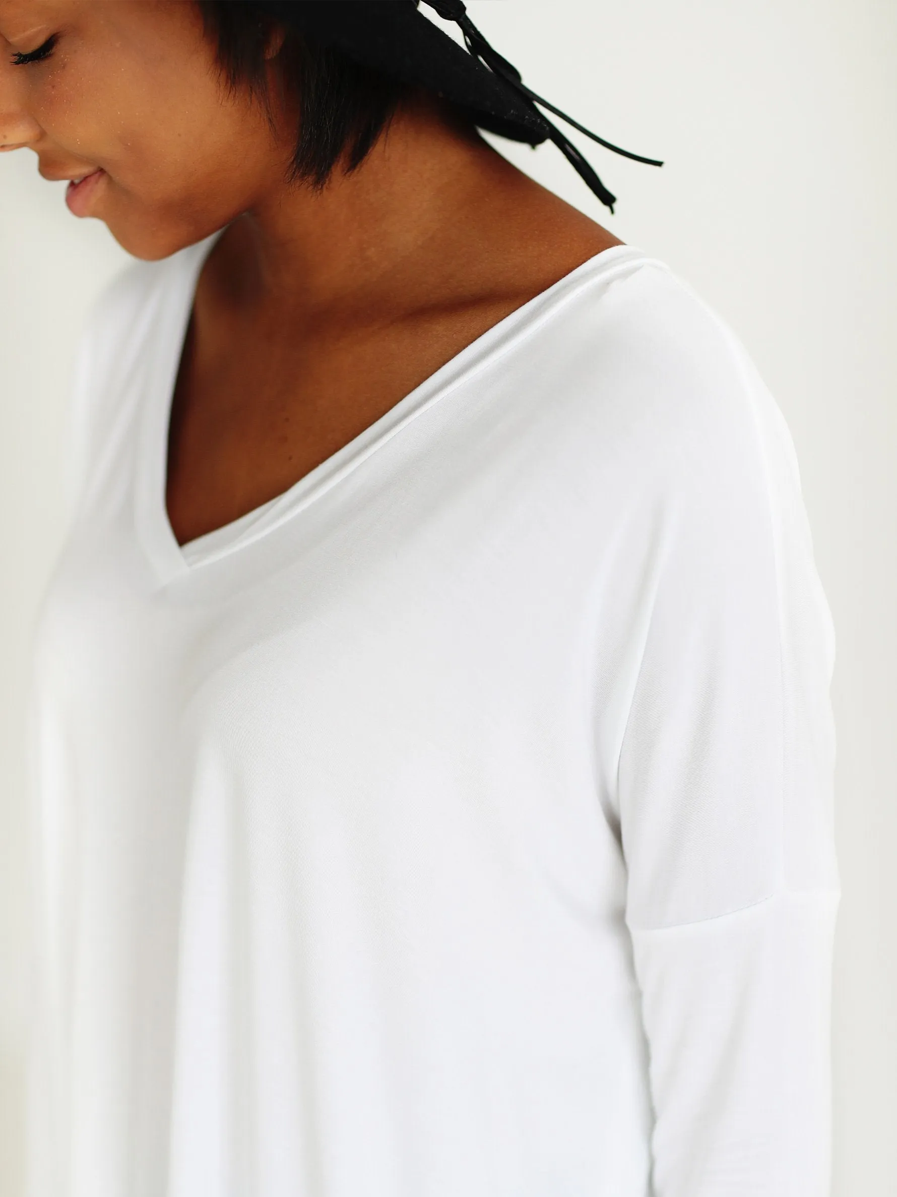 White V-Neck Long Sleeve Top