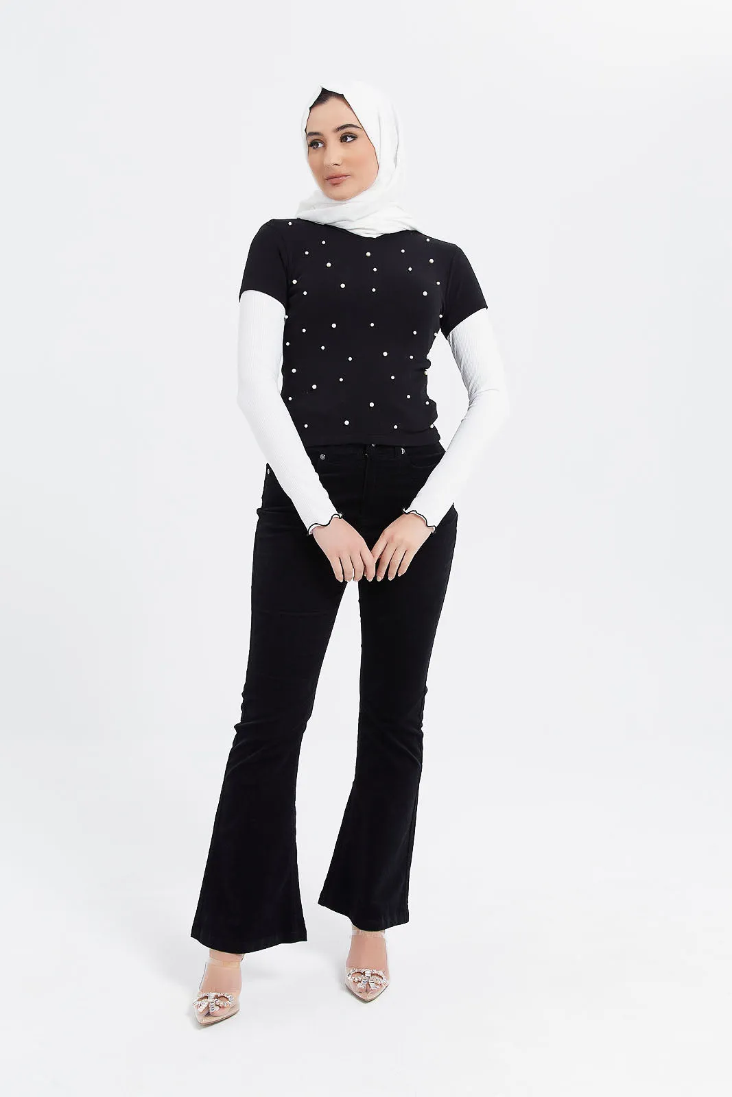 Women Black Pearl Embellished Top