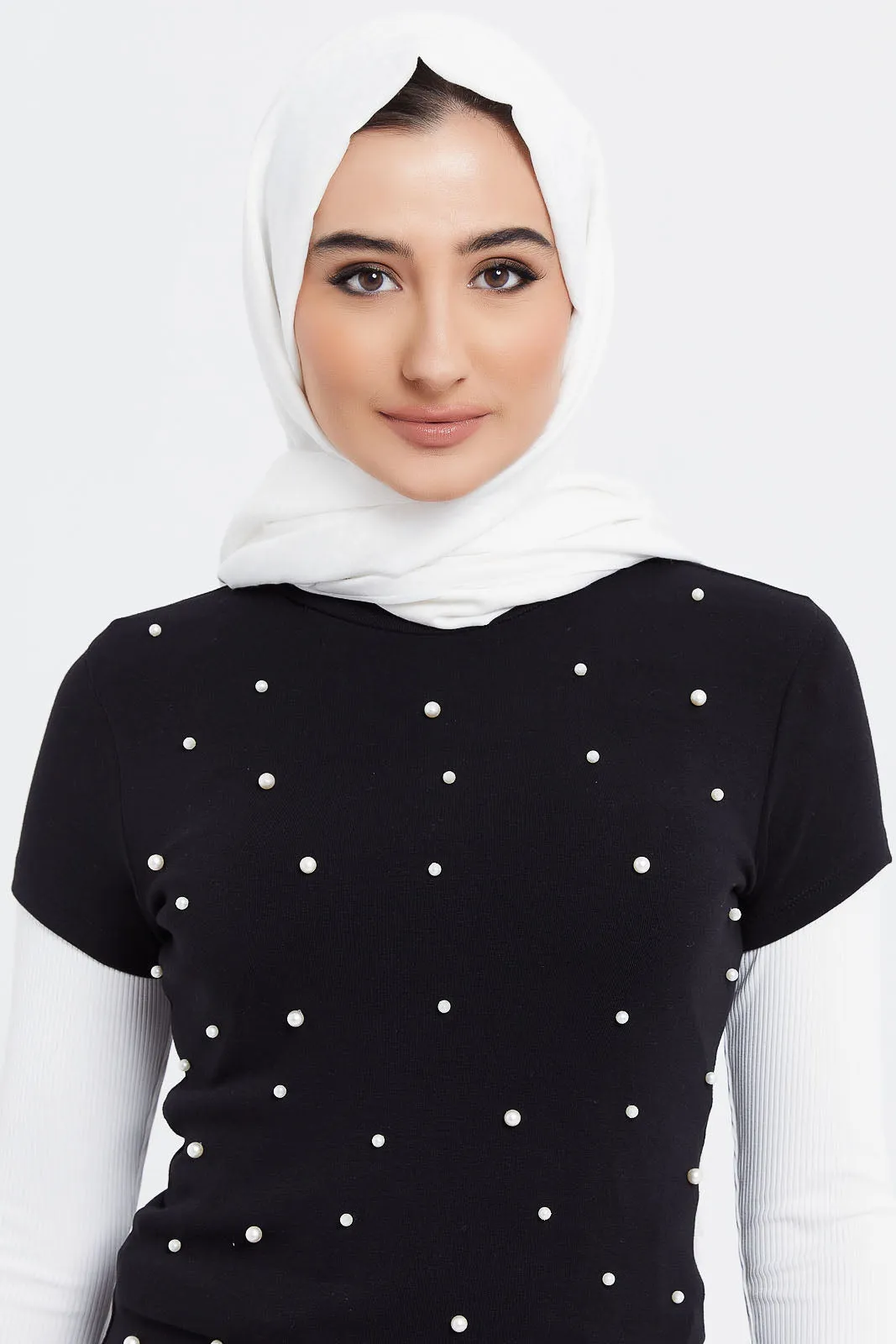 Women Black Pearl Embellished Top