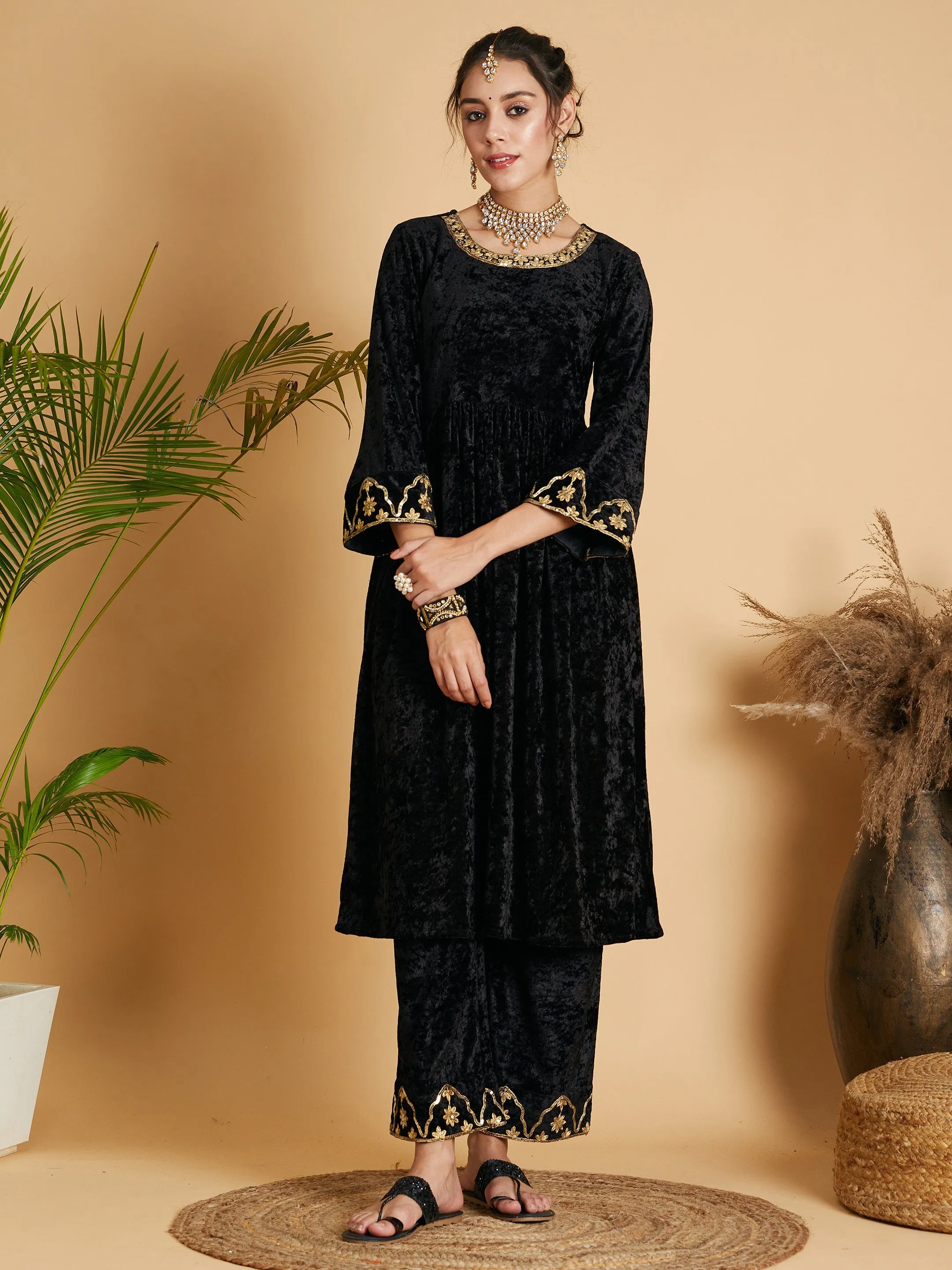 Women Black Velvet Embroidered Dress With Pants