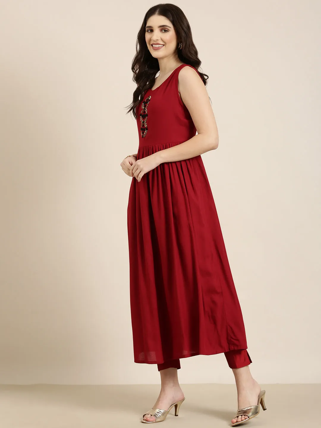 Women Maroon Solid Anarkali Kurta