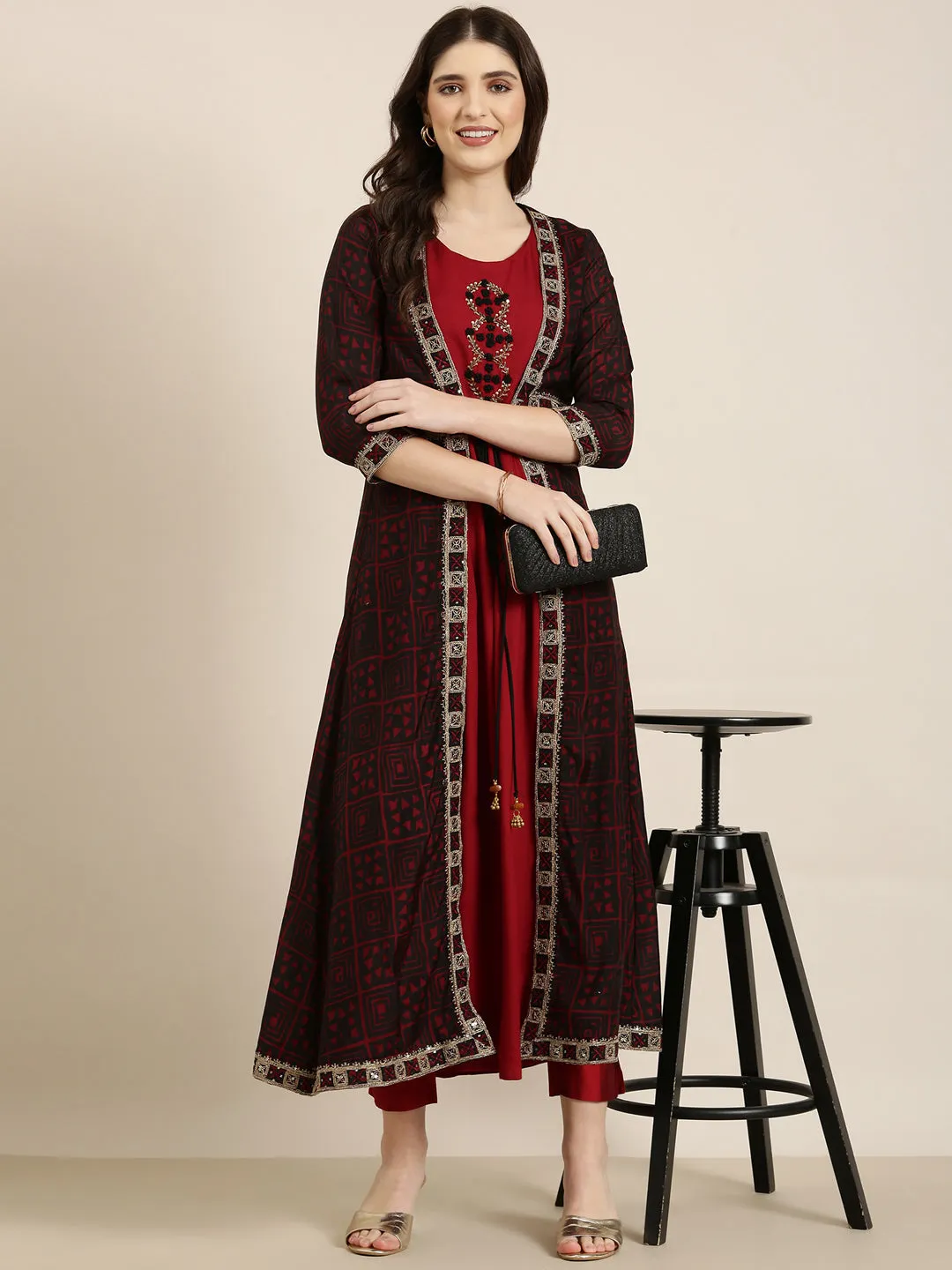 Women Maroon Solid Anarkali Kurta