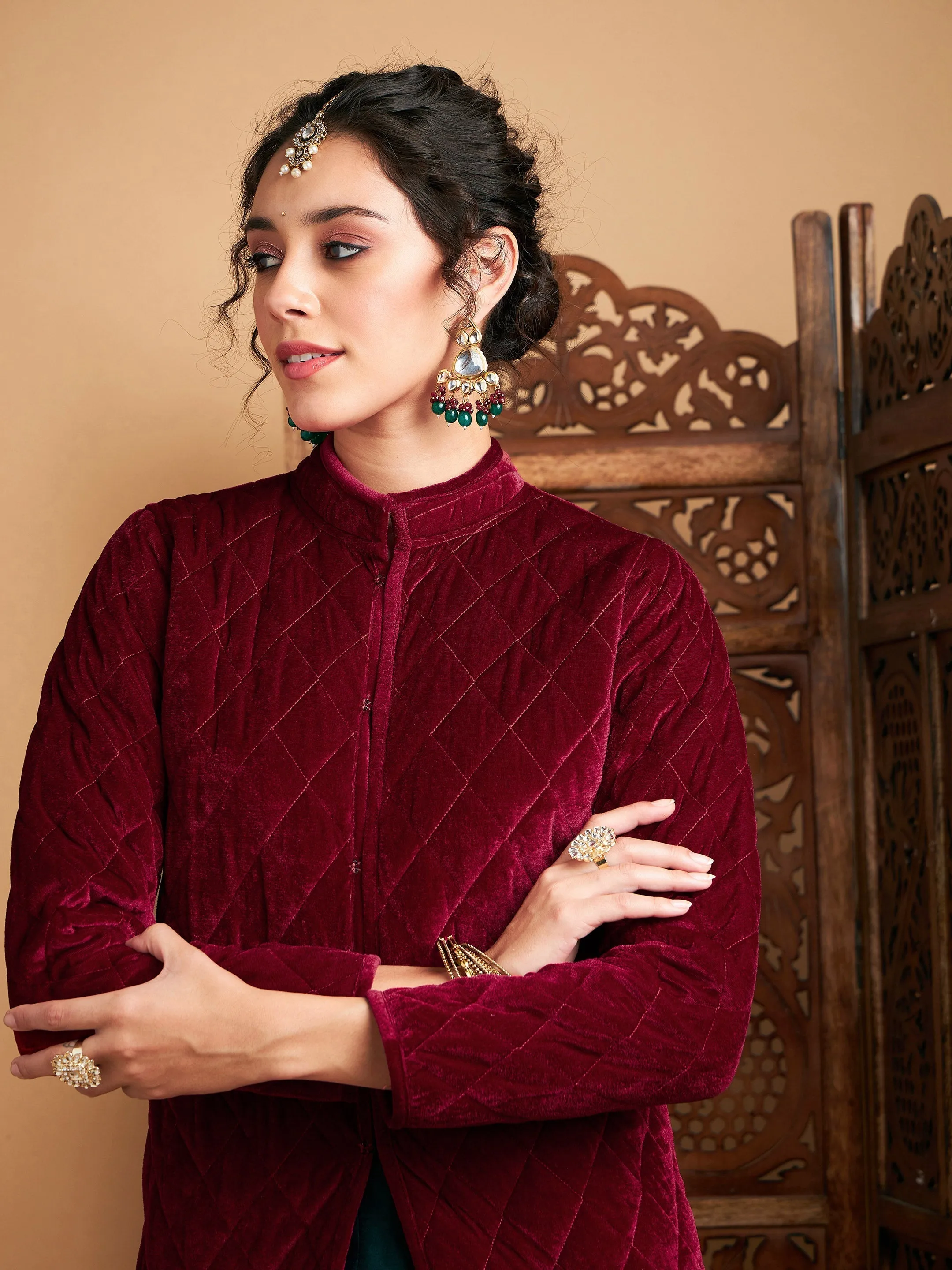 Women Maroon Velvet Quilted Jacket