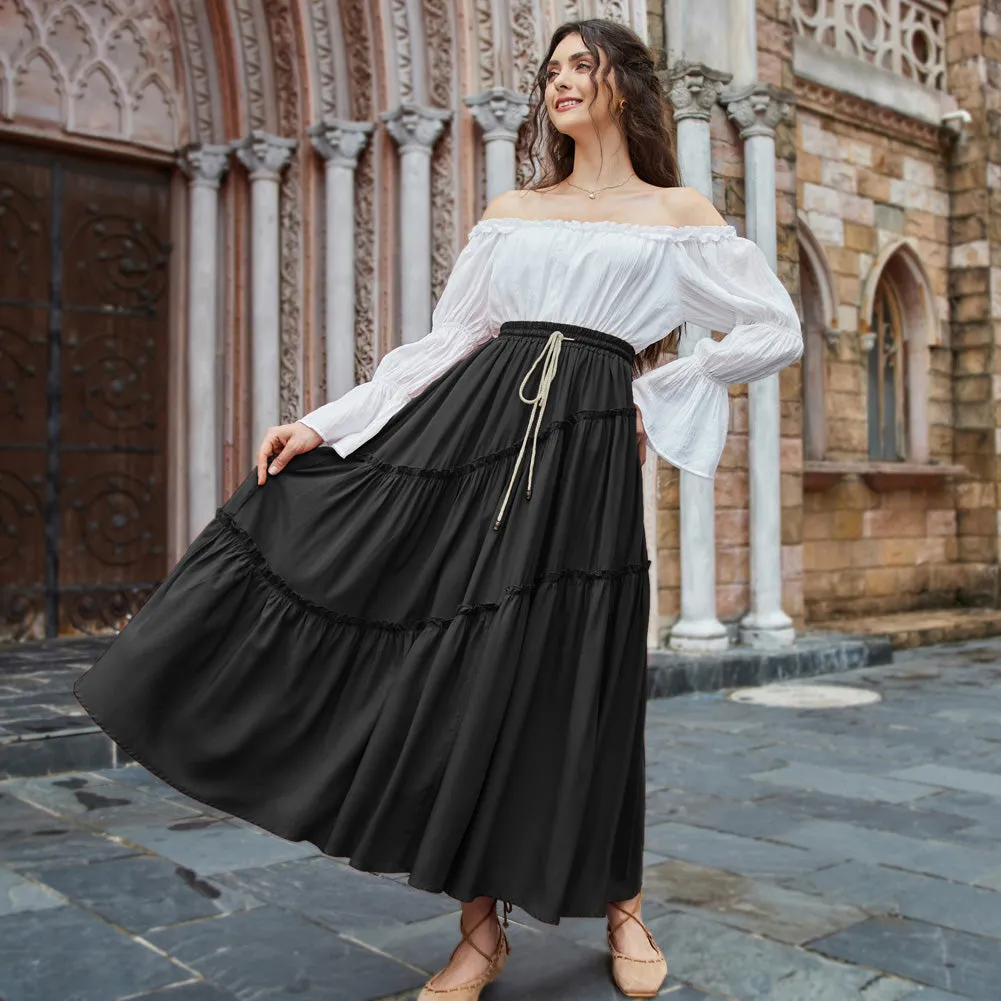 Women Pleated Tiered Swing Skirt Drawstring Maxi Skirt