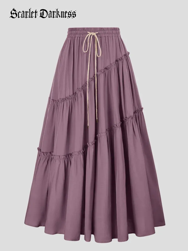 Women Pleated Tiered Swing Skirt Drawstring Maxi Skirt