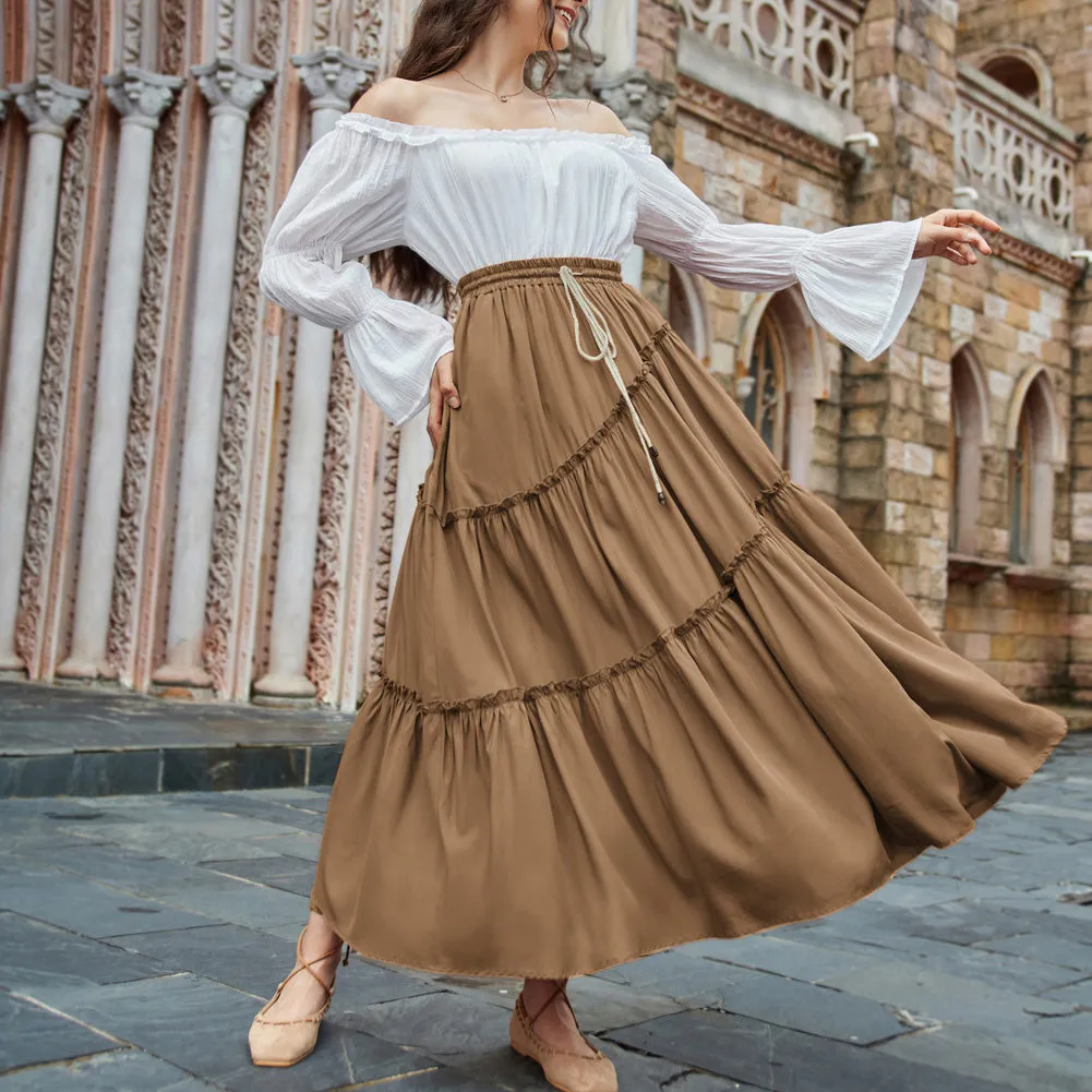 Women Pleated Tiered Swing Skirt Drawstring Maxi Skirt