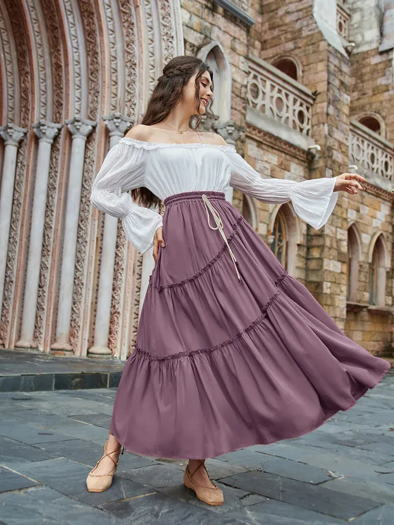 Women Pleated Tiered Swing Skirt Drawstring Maxi Skirt