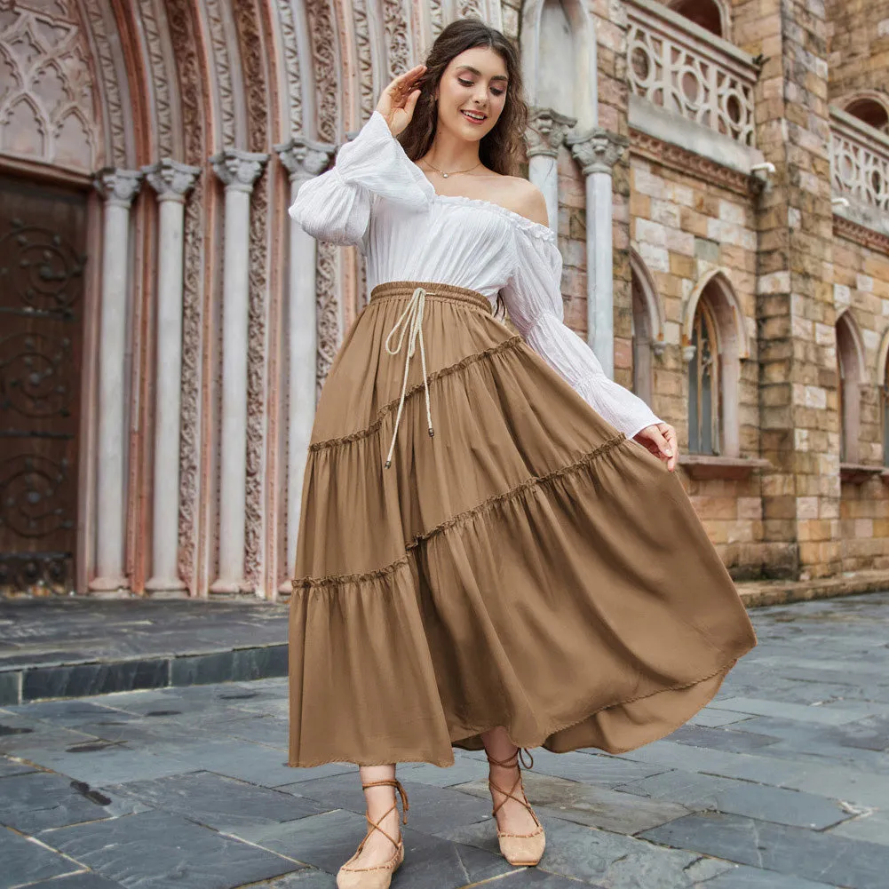 Women Pleated Tiered Swing Skirt Drawstring Maxi Skirt