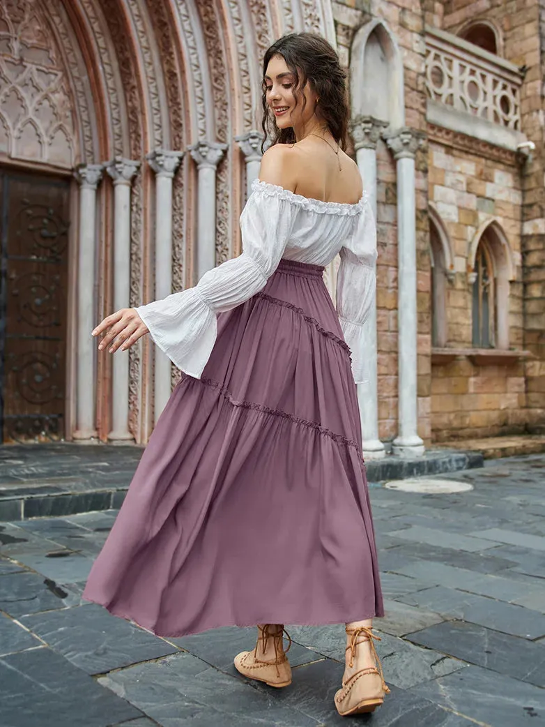 Women Pleated Tiered Swing Skirt Drawstring Maxi Skirt