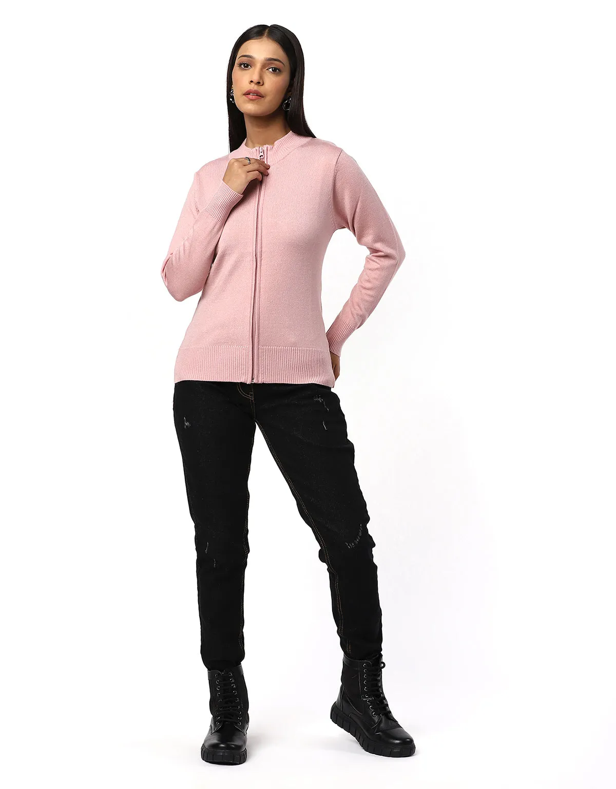 Women Woolen Full Zipper Cardigan