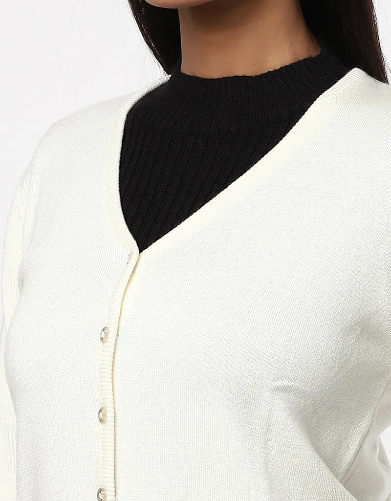 Women Woolen Round Neck Cardigan With Front Buttons