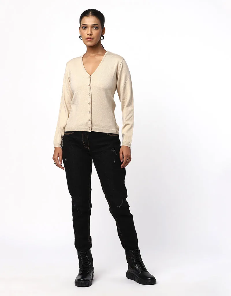 Women Woolen Round Neck Cardigan With Front Buttons