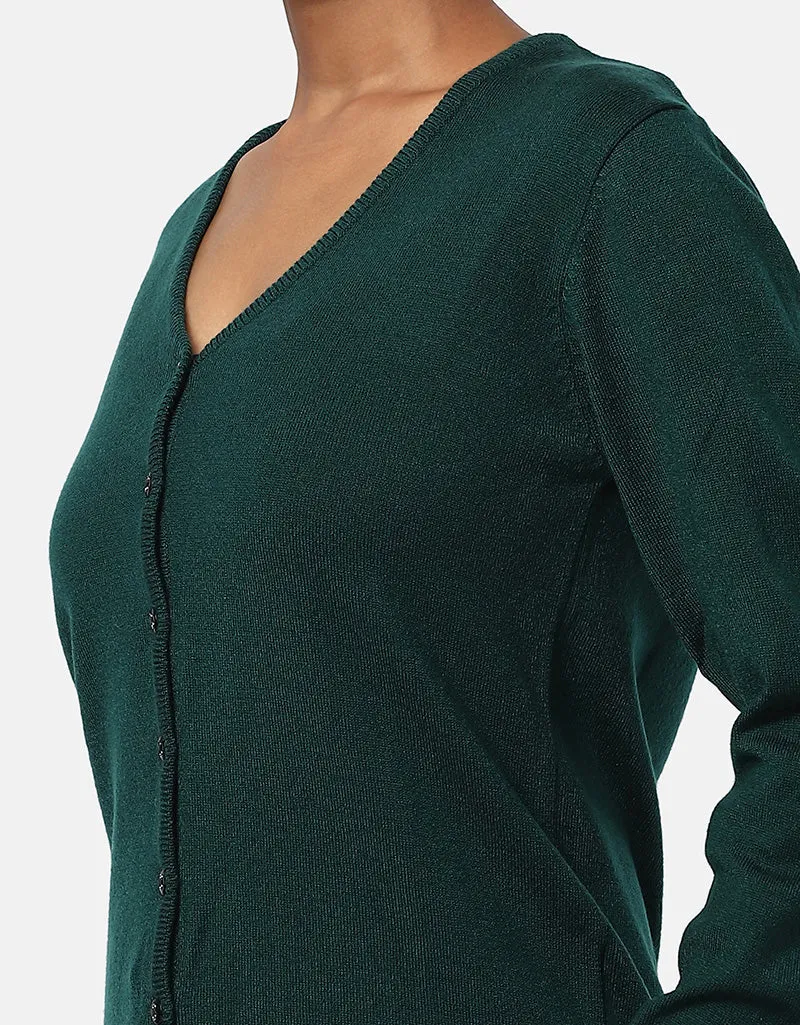 Women Woolen Round Neck Cardigan With Front Buttons