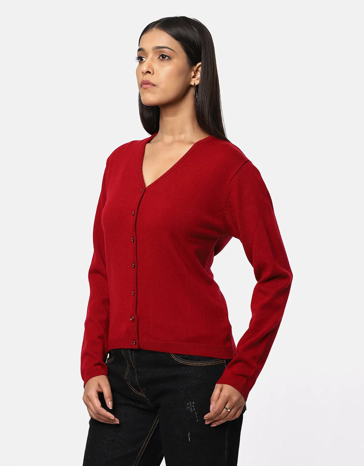 Women Woolen Round Neck Cardigan With Front Buttons