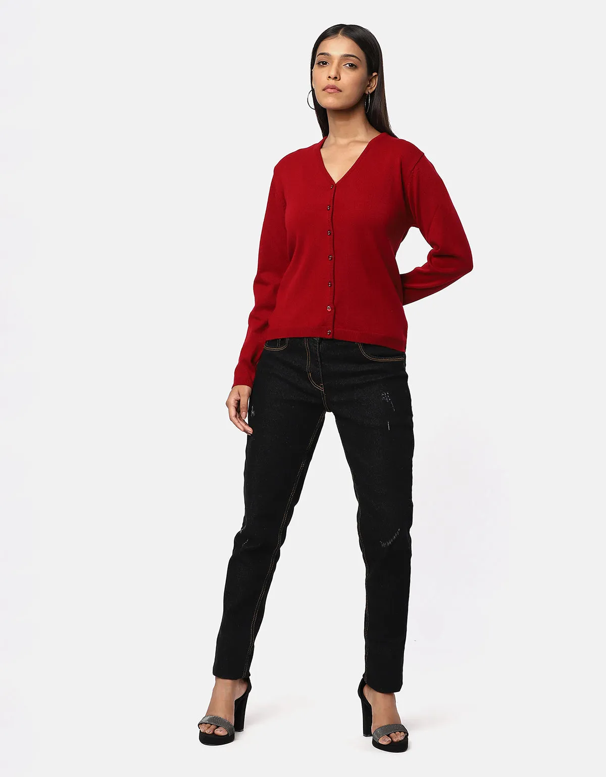 Women Woolen Round Neck Cardigan With Front Buttons