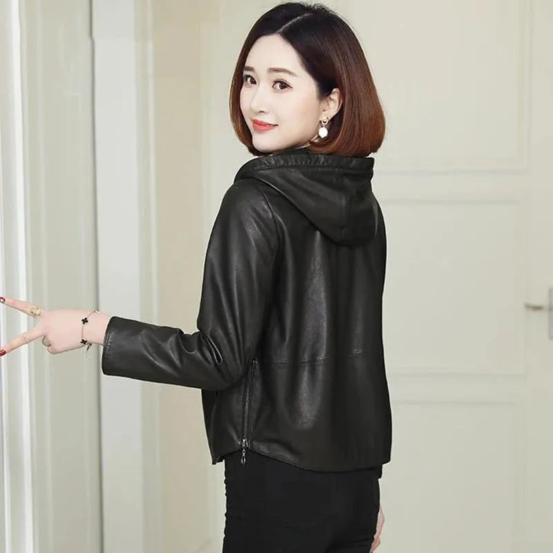 Womens Black Hooded Leather Jacket