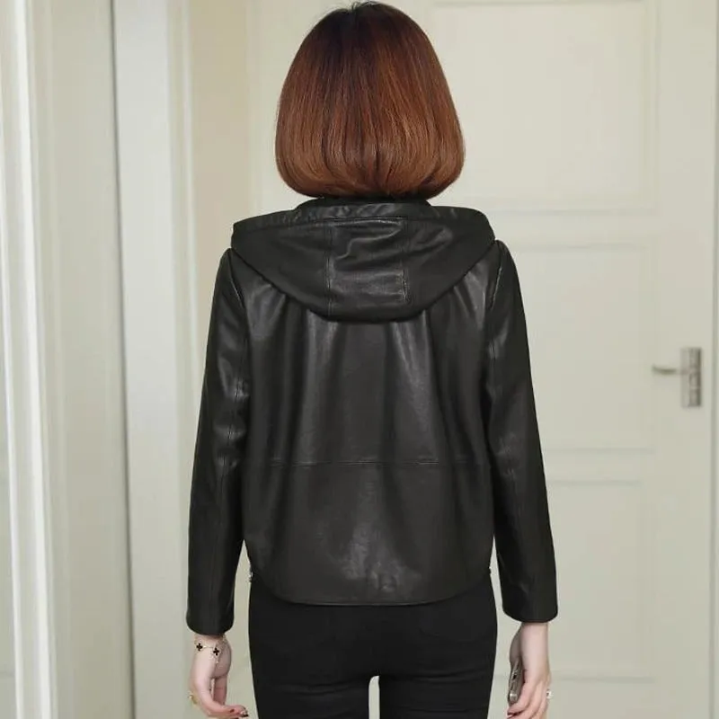 Womens Black Hooded Leather Jacket