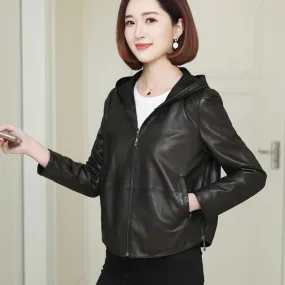 Womens Black Hooded Leather Jacket