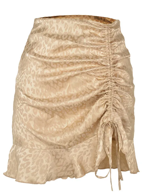 Women's Casual Fashion Drawstring Pleated Leopard Print Skirt