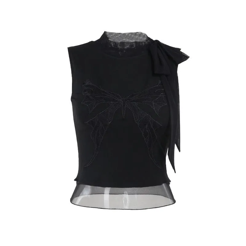 Women's Gothic Butterfly Embroidered Lace-up Tank Top