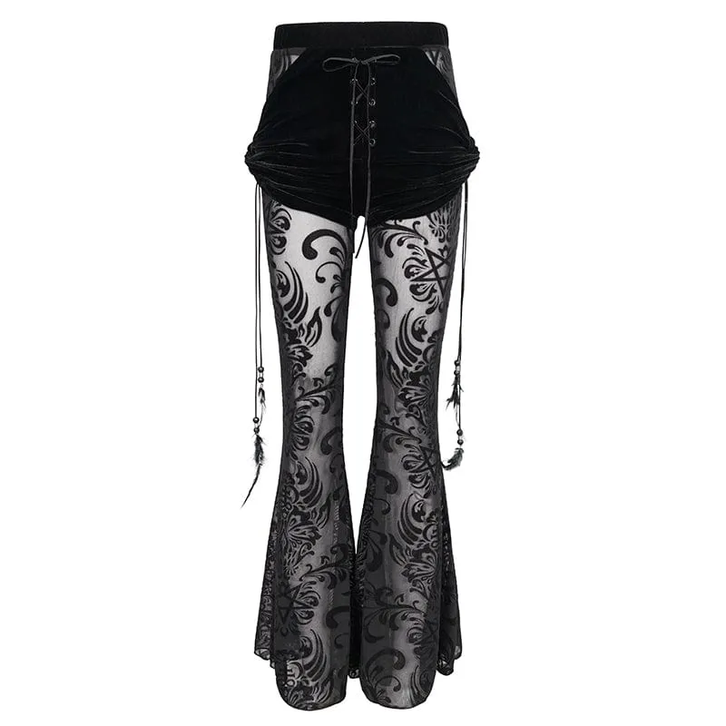 Women's Gothic Drawstring Mesh Splice Flared Pants