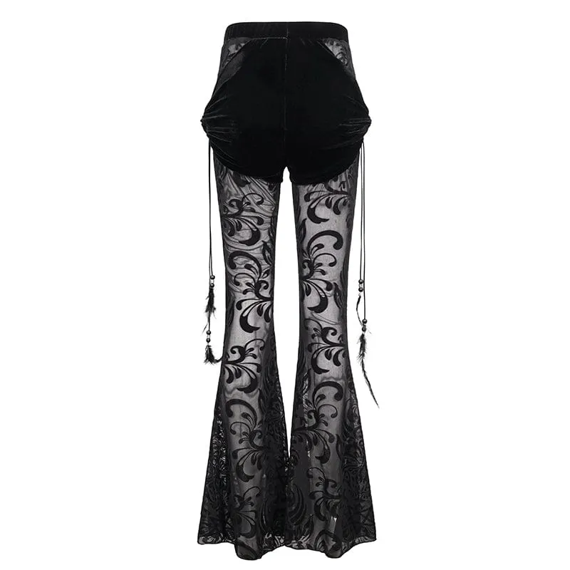 Women's Gothic Drawstring Mesh Splice Flared Pants