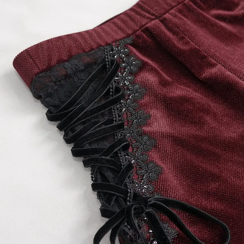 Women's Gothic Strappy Lace Splice Flared Pants Red