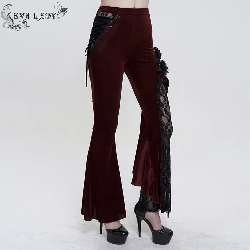 Women's Gothic Strappy Lace Splice Flared Pants Red