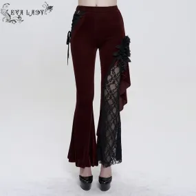 Women's Gothic Strappy Lace Splice Flared Pants Red