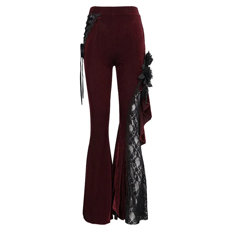 Women's Gothic Strappy Lace Splice Flared Pants Red