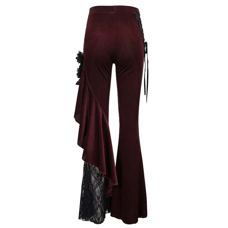 Women's Gothic Strappy Lace Splice Flared Pants Red