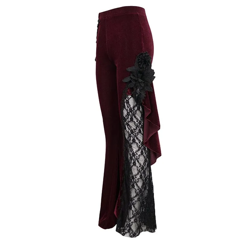 Women's Gothic Strappy Lace Splice Flared Pants Red