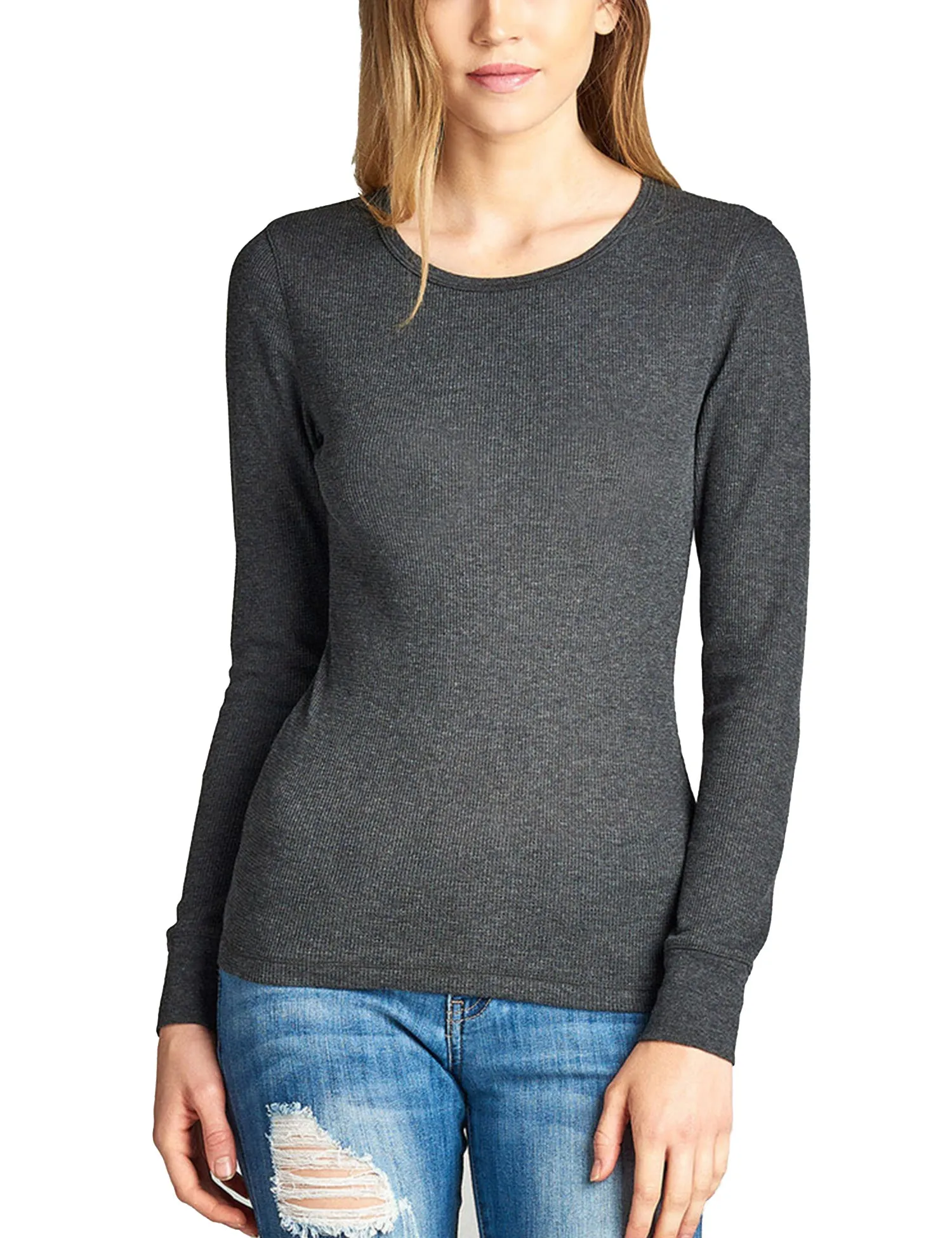 Womens Long sleeve Plain Basic Crew Neck Cotton Thermal T Shirt Top (S-3X)